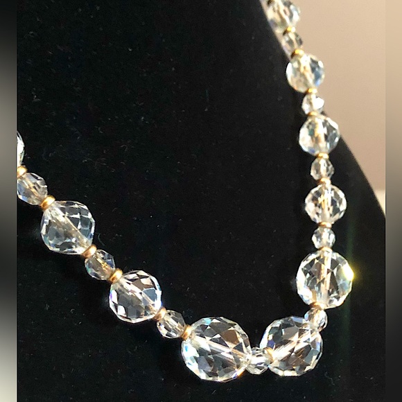 1930s Simmons Crystal Bead Necklace with Gold Filled Spacers on Gold Chain⨠- Picture 5 of 7